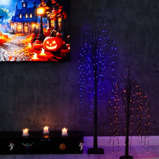 6ft. Orange & Purple LED Pre-Lit Halloween Black Willow Artificial Fall Tree